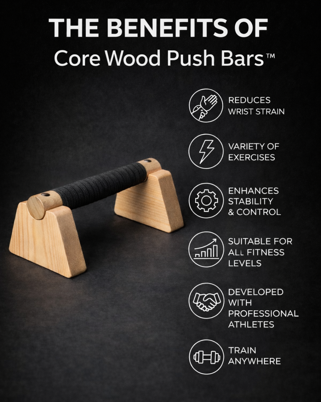 Infographic highlighting benefits of Core Wood Push Bars™, including increased range of motion, wrist protection, enhanced stability and versatility for calisthenics training