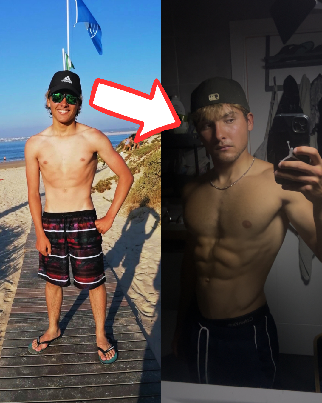 Before and after physique transformation showing increased muscle definition, improved core development, and aesthetic upper body built through structured calisthenics training.