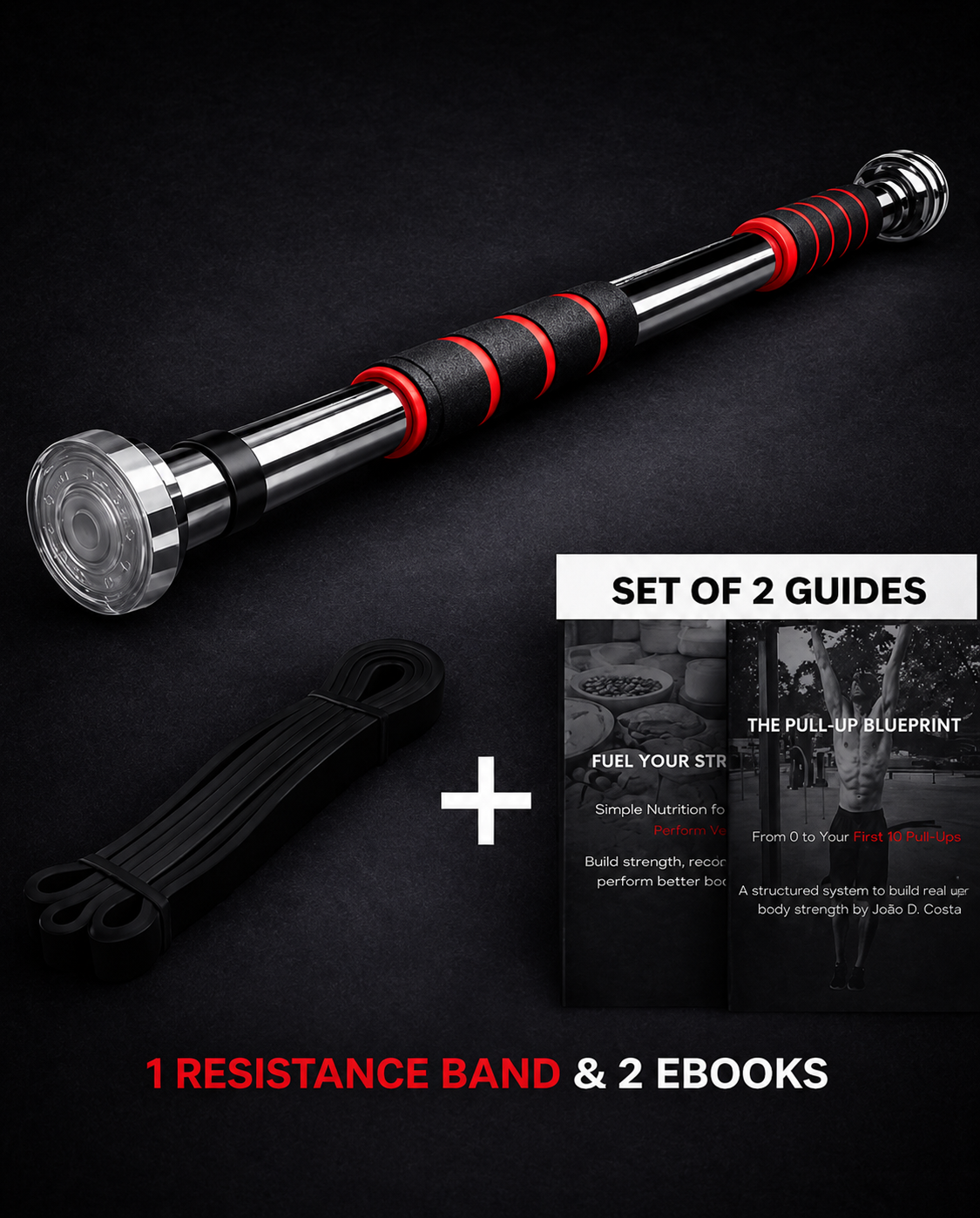 Telescopic Pull-Up Starter Pack featuring an adjustable doorway pull-up bar, resistance band and digital pull-up training guides for building upper body strength, improving pull-up performance and home calisthenics workouts.