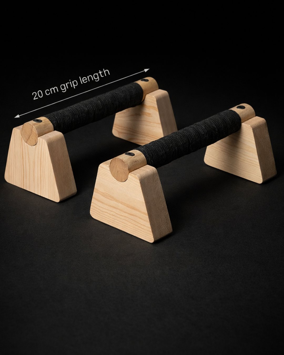 Core Wood Push Bars™, premium wooden push-up bars for calisthenics and bodyweight training, ergonomic wrist-friendly grip, solid wood build on black studio background