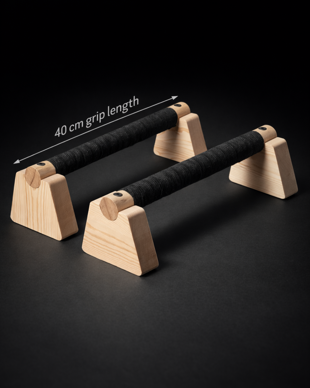 Pair of Core Wood Push Bars™ aligned symmetrically, showcasing stability, solid wood construction and non-slip base for home calisthenics workouts