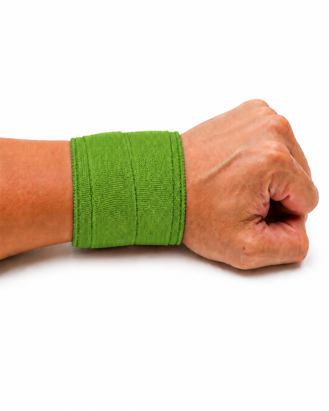 Close up of green wrist tape providing wrist stability during calisthenics gymnastics and fitness workouts