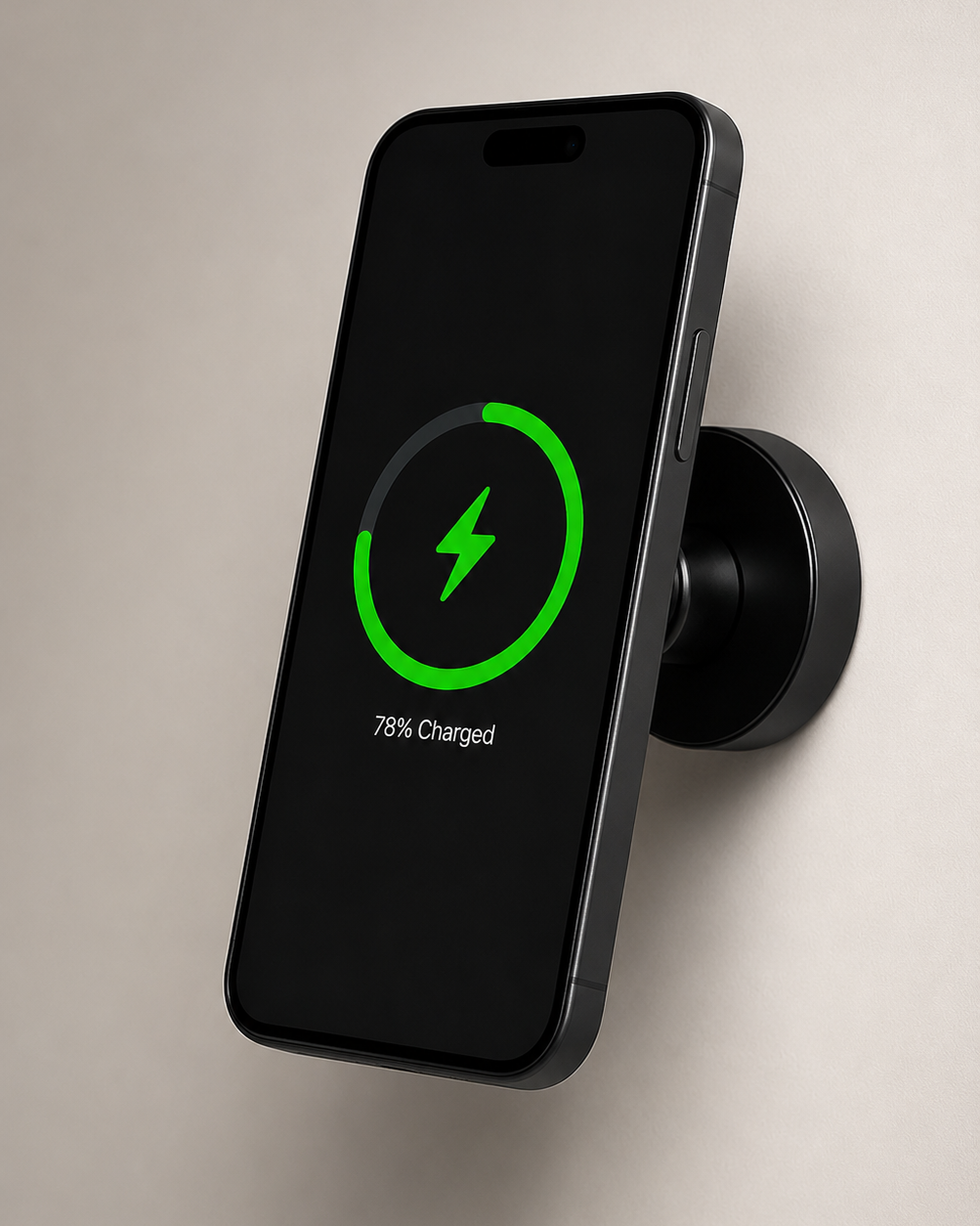 MagGrip Studio Mount magnetic phone mount charging a smartphone with a strong magnetic connection and USB C rechargeable battery.