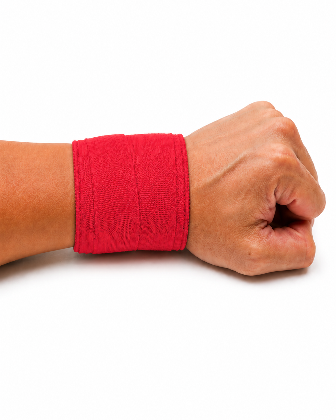Close up of red wrist tape providing wrist stability during calisthenics gymnastics and fitness workouts